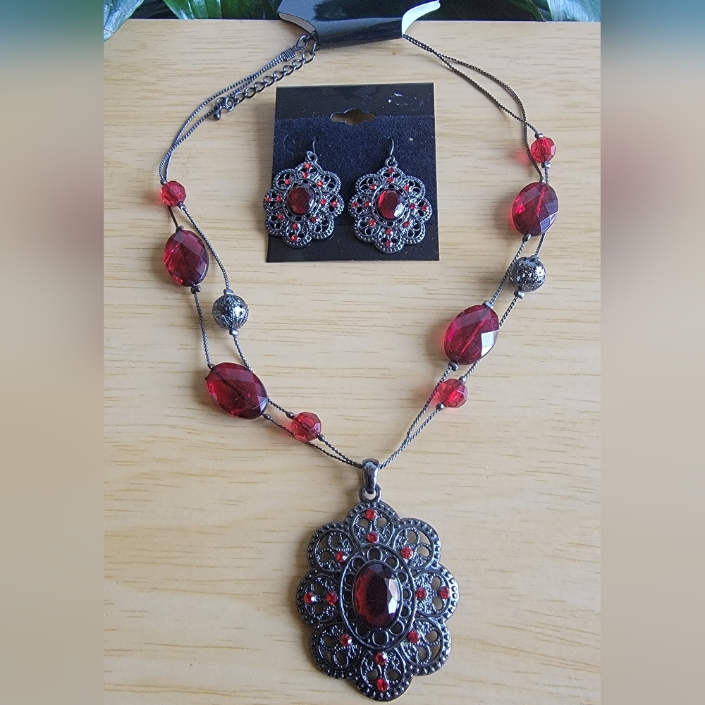 CATO Elegant Red and Black Rhinestone Necklace and Earring Set